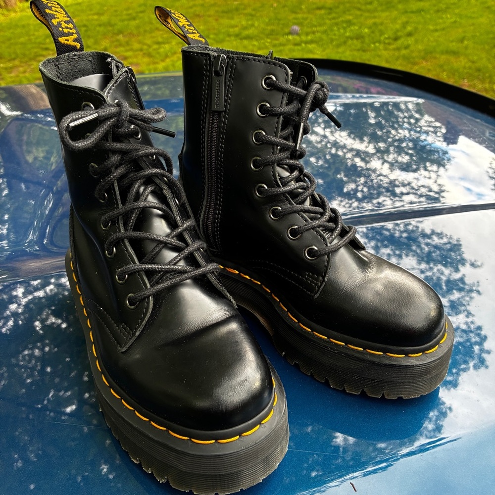 Dr. Martens Black Leather Ankle Boots with Yellow Accents - Picture 2 of 10